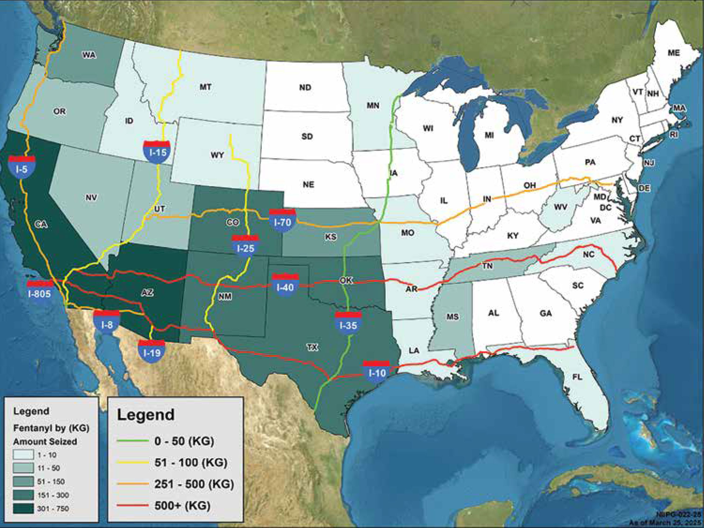 Map of Fentanyl Seizures along the 10 Most-Traveled US Intersttes, by weight in 2024